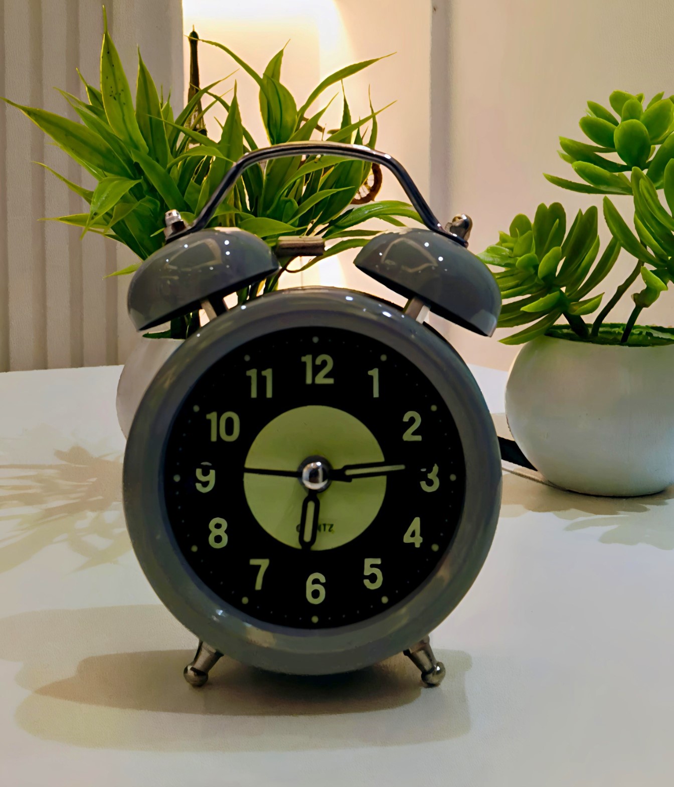 Twin Bell Classic Grey Metal Table Clock